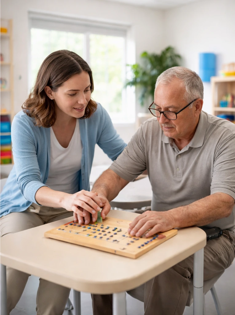 Occupational therapist supporting a man in a clinical setting
